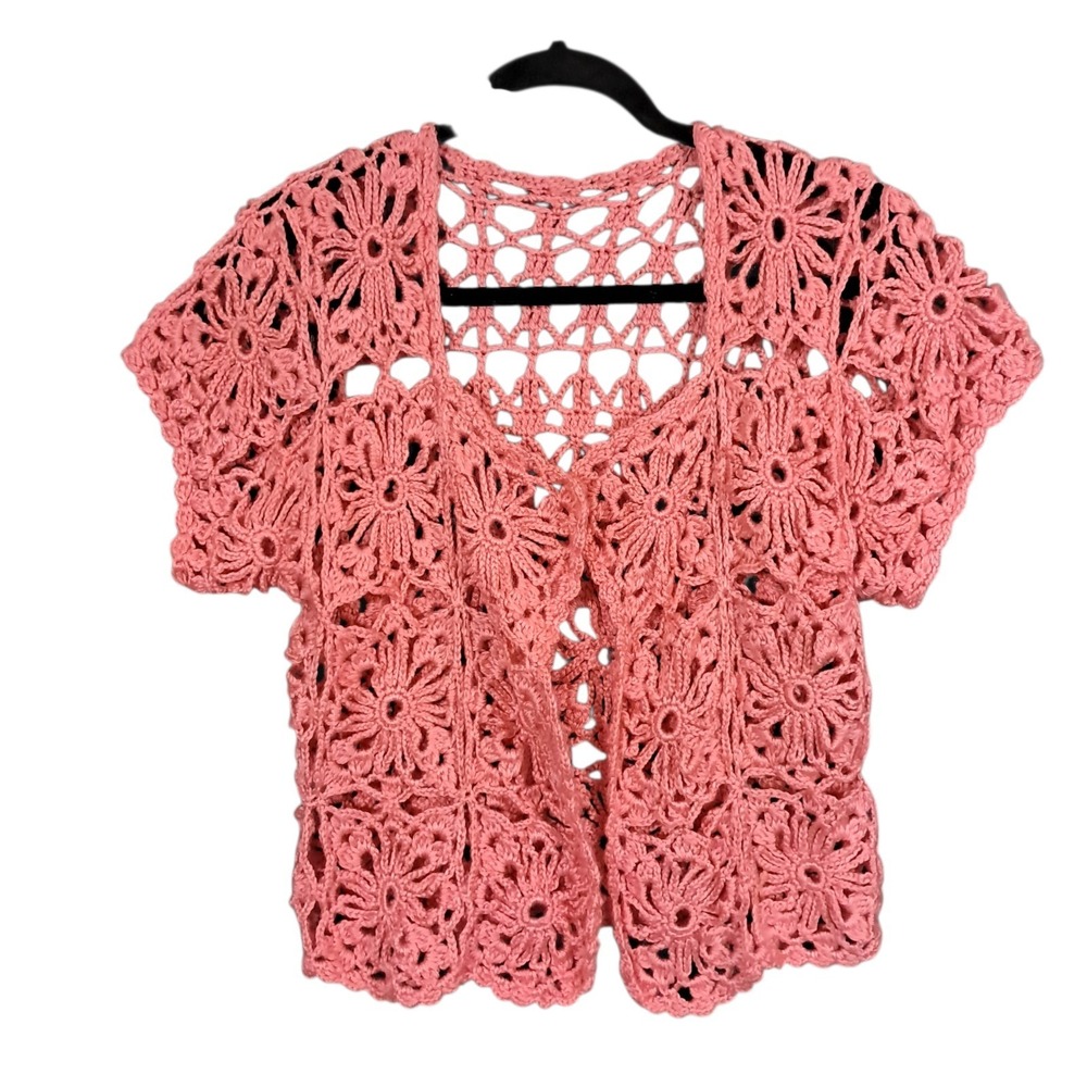 Handmade Granny Square Cardigan Boho‎ Crochet Sweater Grandma Small Pink Salmon
